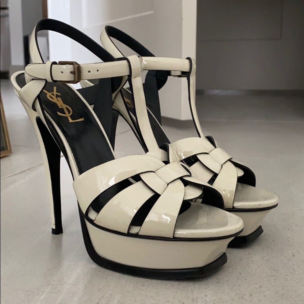 SAINT LAURENT TRIBUTE SANDAL HEELS CREAM/BLACK